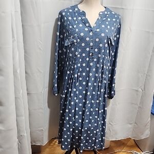Elegant Blue Polka Dot Long Sleeve Dress